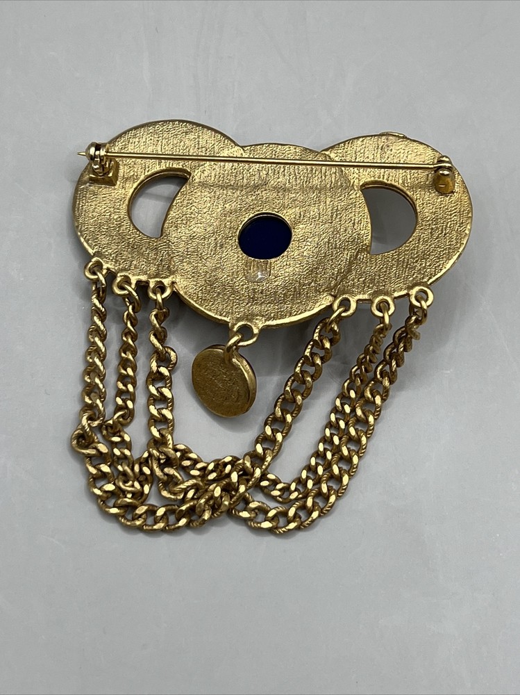 Navy Blue Interlocking Circles Brooch Pin Gold Tone Chains