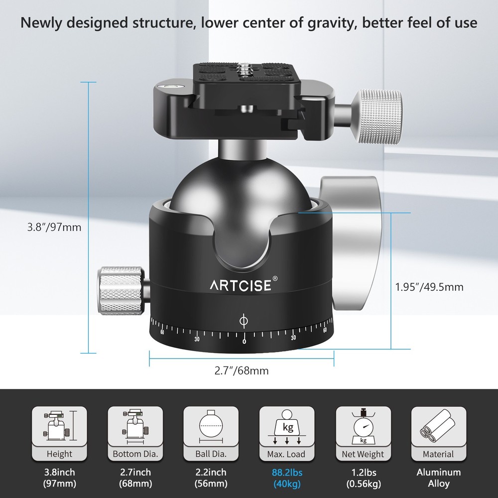 56mm Low Profile Tripod Head with Quick release Plate Panoramic Ball Head 88lbs