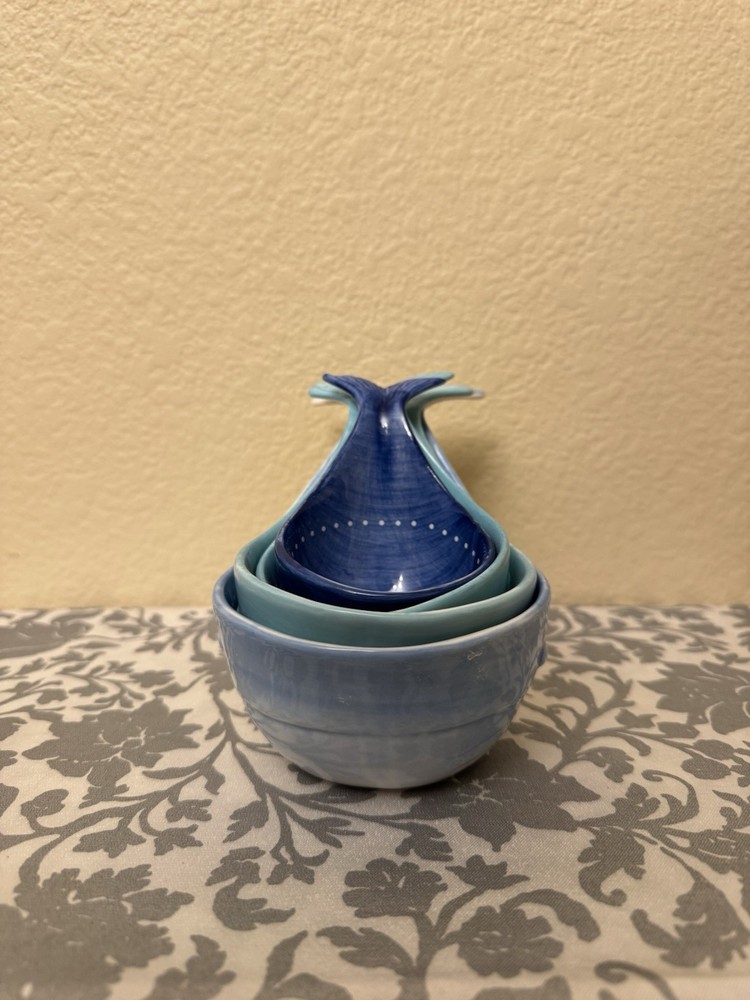 Ceramic Whale Shaped Measuring Cup Set Blue Aqua Nesting 4pcs 1-1/4 Cup