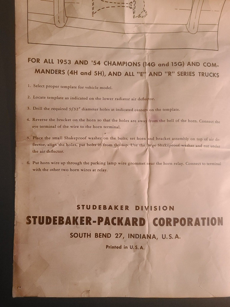 Studebaker Packard Corp 20 X 28" Wall Chart Instructions for Booster Horn Kit