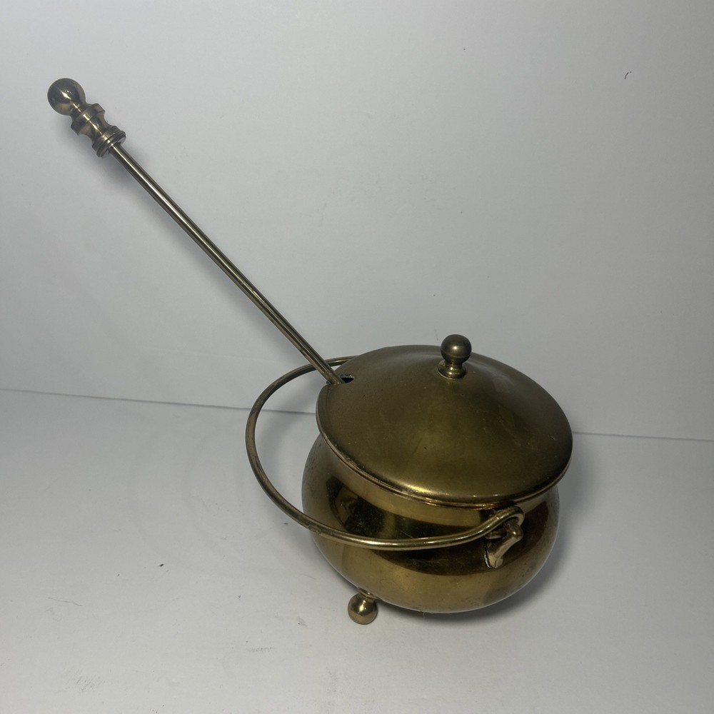Vintage Solid Brass Smudge Pot Fire Lighter w/ Long Rod & Bail Handle
