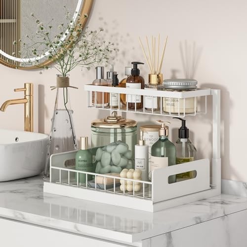 Under Sink Organizer, Pull Out Cabinet Organizer 2 Tier Slide Out 2 Pack White