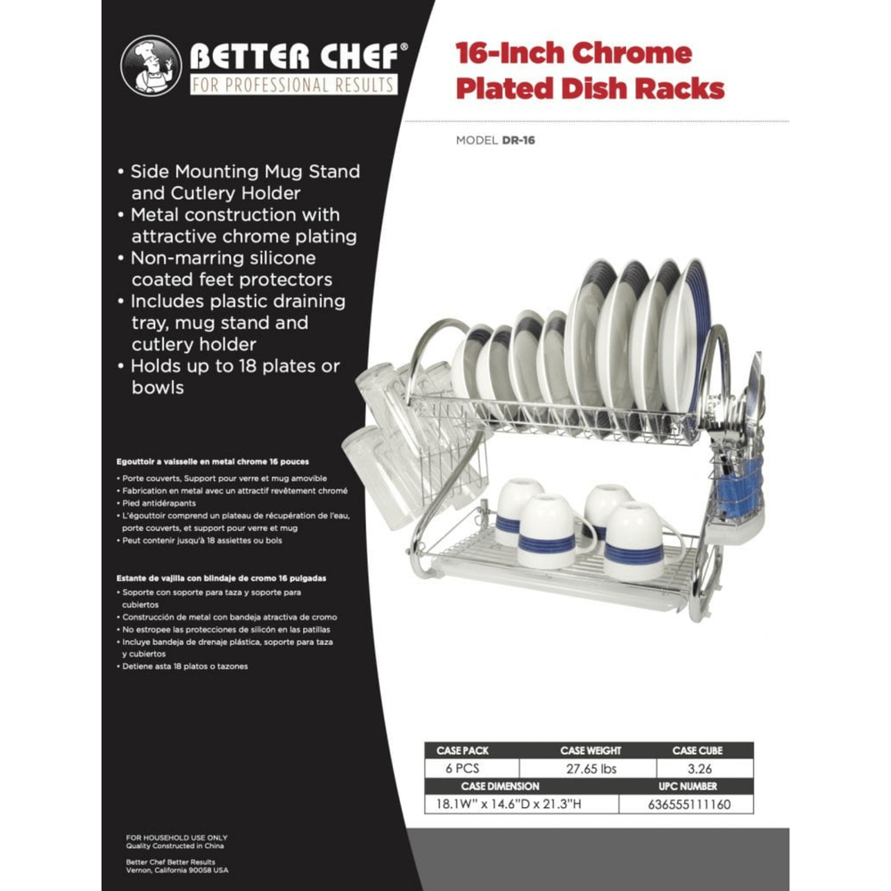 Better Chef 16" 2-Level Chrome-Plated S-Shaped Dish Rack with Draining Tray