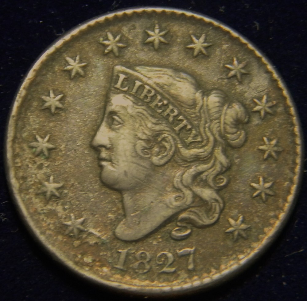 1827 MATRON CORONET HEAD LARGE CENT, VERY FINE PLUS GRADE