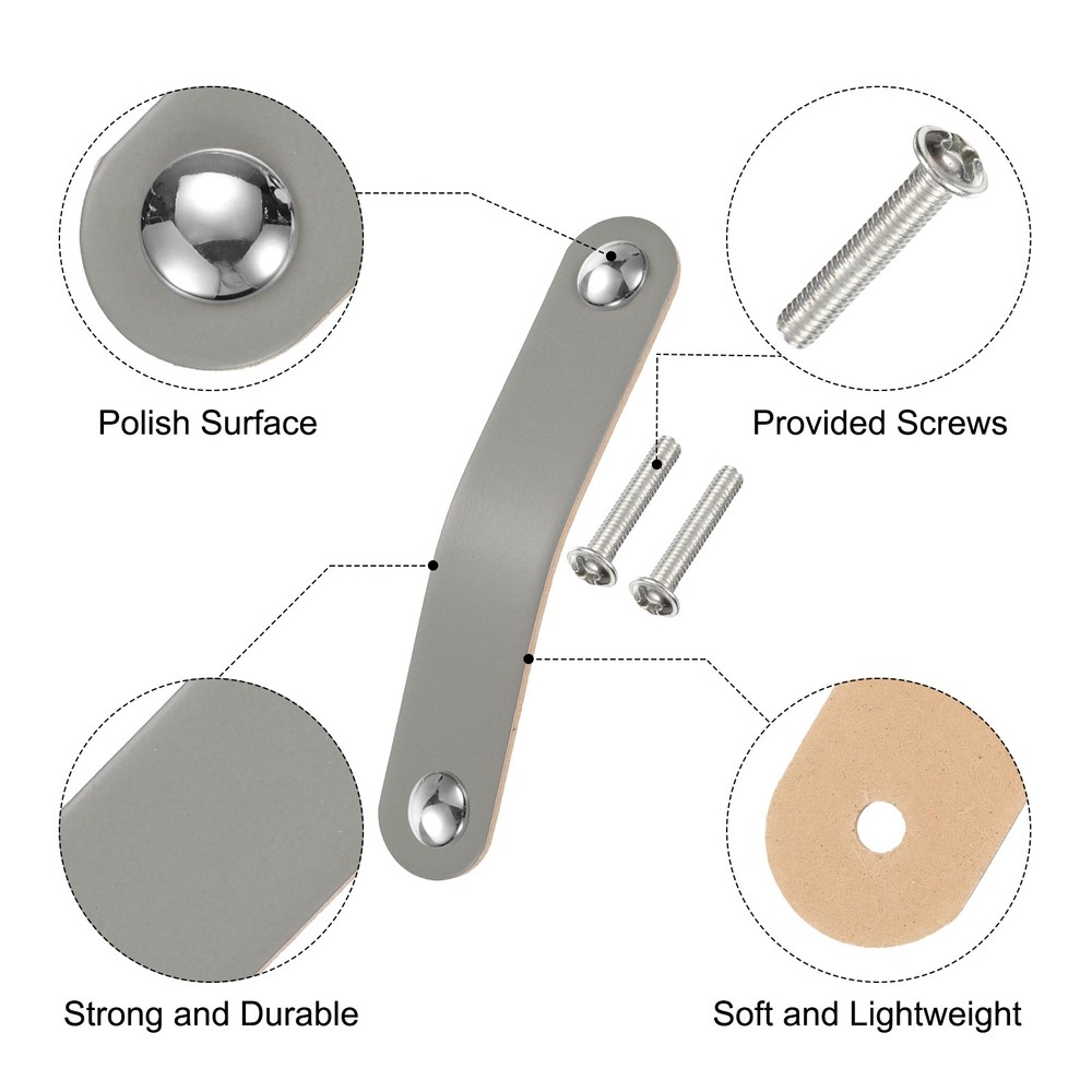 4 Packs Leather Drawer Pulls Double Hole Knobs, Grey/Silver(Hole Spacing:96mm)
