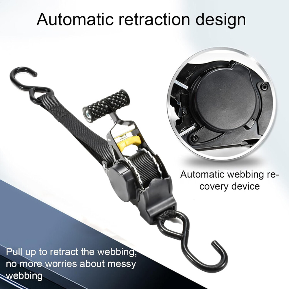 Cargo Transom Tie Down Strap 1500LBs Retractable Ratchet Strap w/S-Hook 2-pack