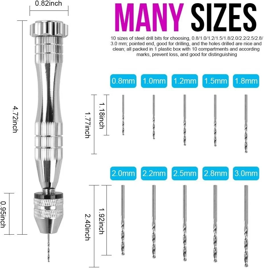 Compact Manual Pin Vise Hand Drill with 10 Drill Bits for Crafting, model tools
