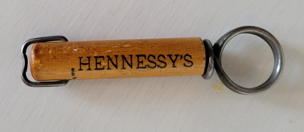 Antique HENNESSY THREE STAR BRANDY Finger Pull Corkscrew w/ Timber Coated Sheath