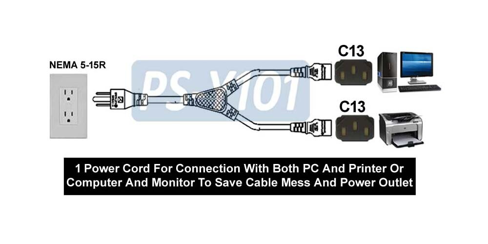6FT 1 AC Plug To 2 Computer Style C13 Split Cord For PC Printer LCD TV Projector