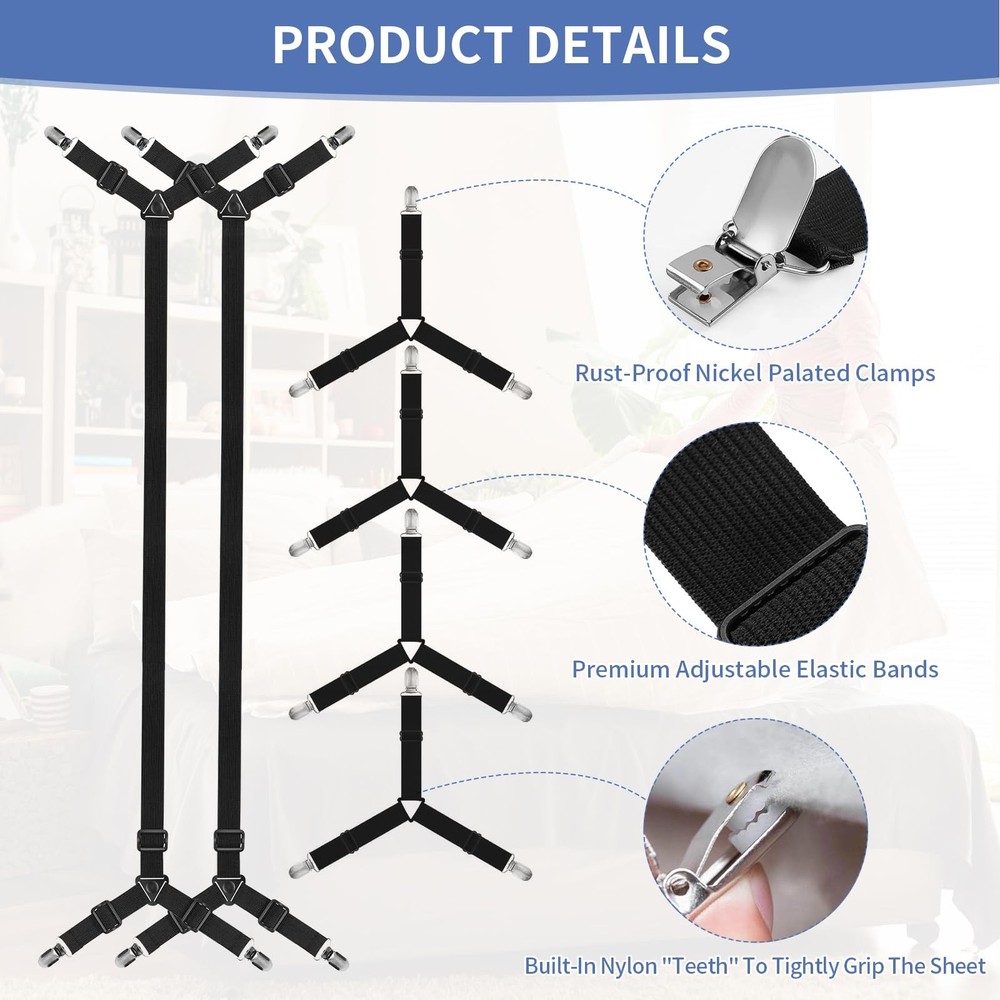Bed Sheet Straps Adjustable 6 Pack Triangle Corner Holders Elastic Mattress F...
