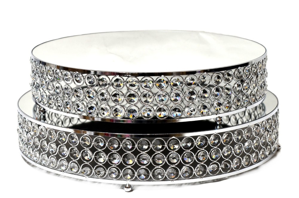 Cake stand riser mirror top crystal bead 2 pieces set