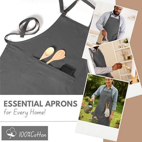Kitchen Apron 2 Pack - 100% Cotton Adjustable, Durable Apron with Grey