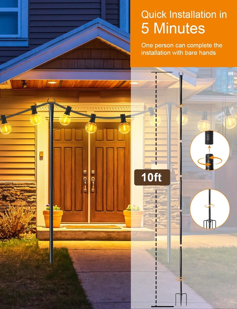 2 Pack String Light Poles for Outside, Thickened Metal Lights 2 Pack, Black