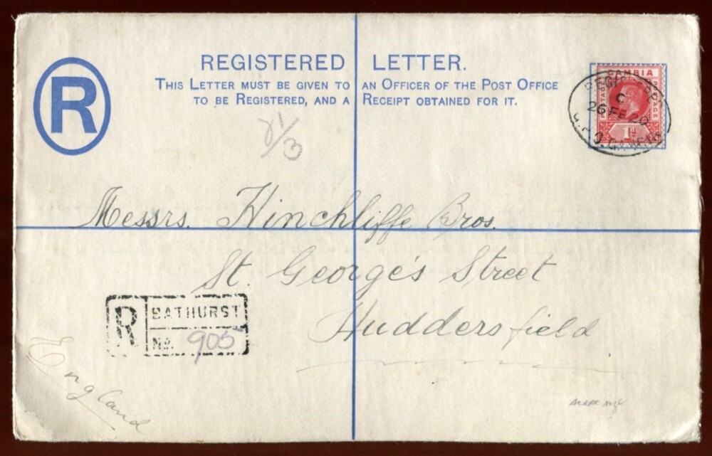 GAMBIA KGV REGISTERED ENVELOPE 1920