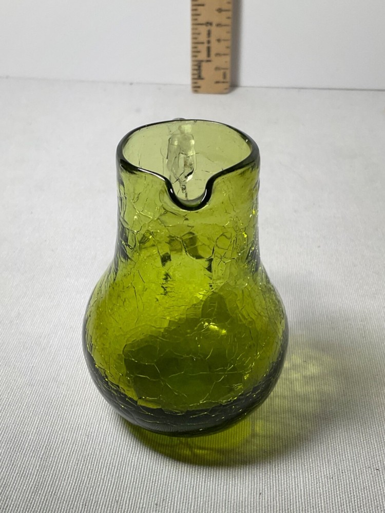 Small green crackle glass pitcher clear handle 3 1/2”