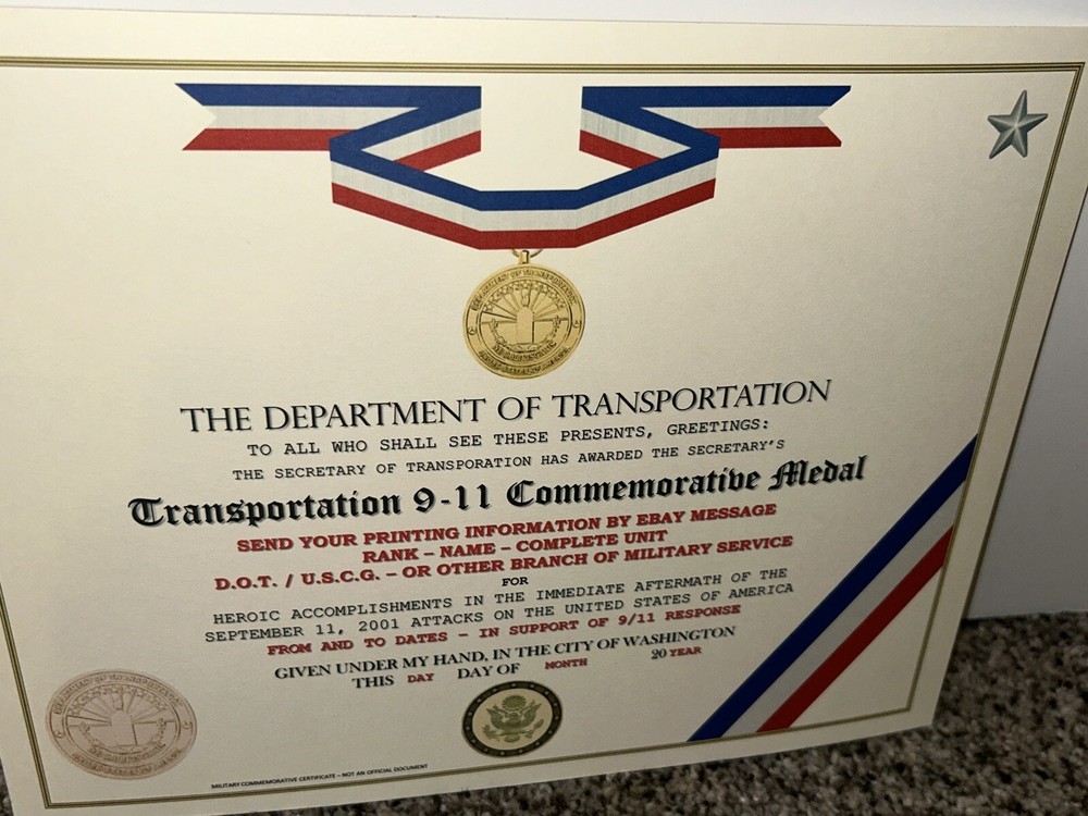 TRANSPORTATION 9-11 MEDAL COMMEMORATIVE CERTIFICATE ~ TYPE-2 / W/PRINTING