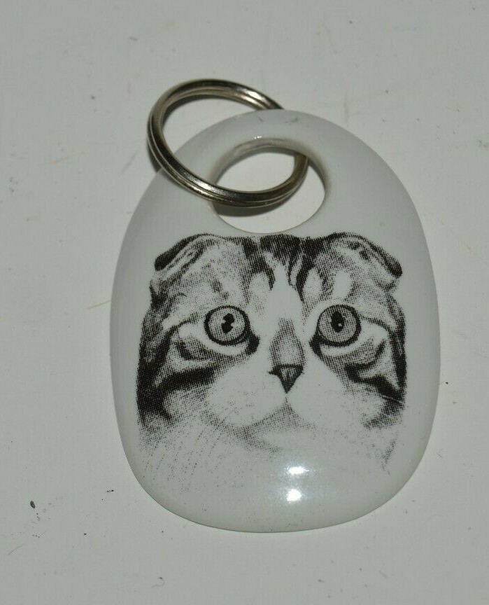 Nice Black & White Illustrated Stoic CAT Starring Ceramic Key Chain MINT