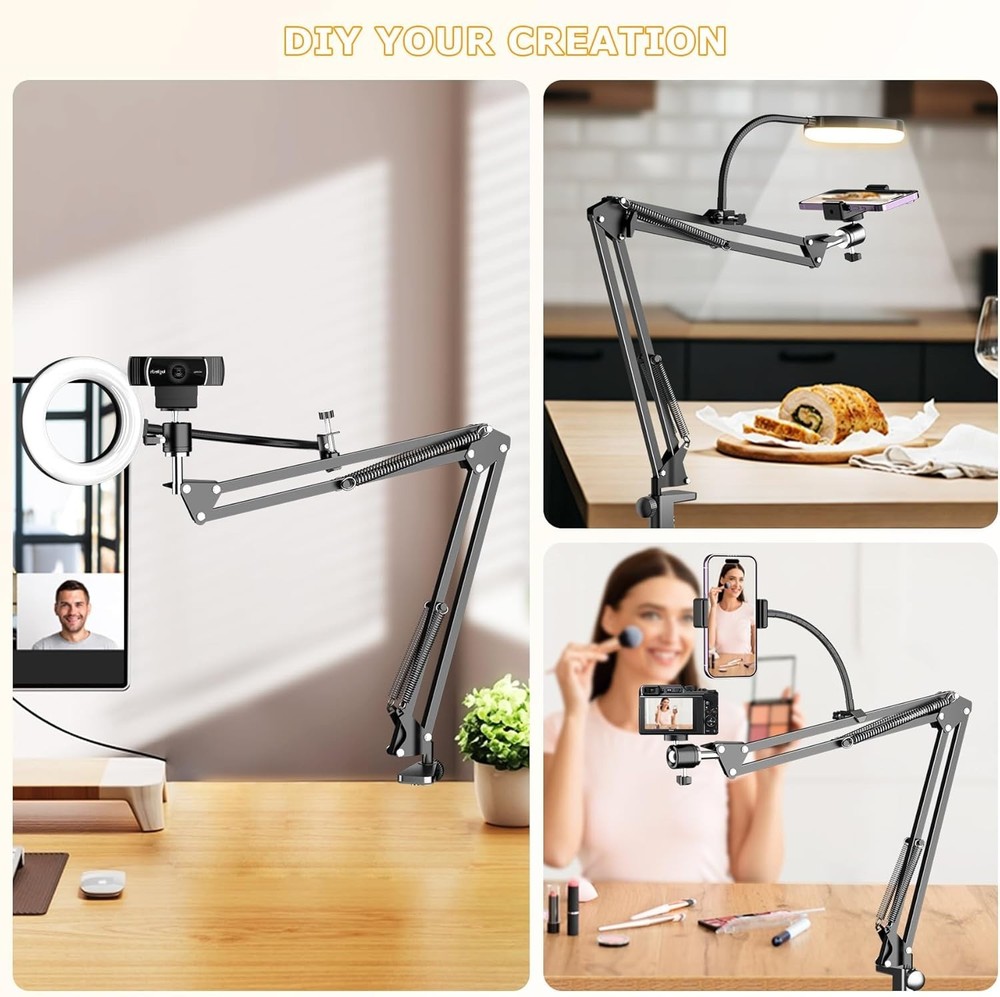 Overhead Camera Mount with Ring Light, Flexible Articulating Phone Arm Stand ...