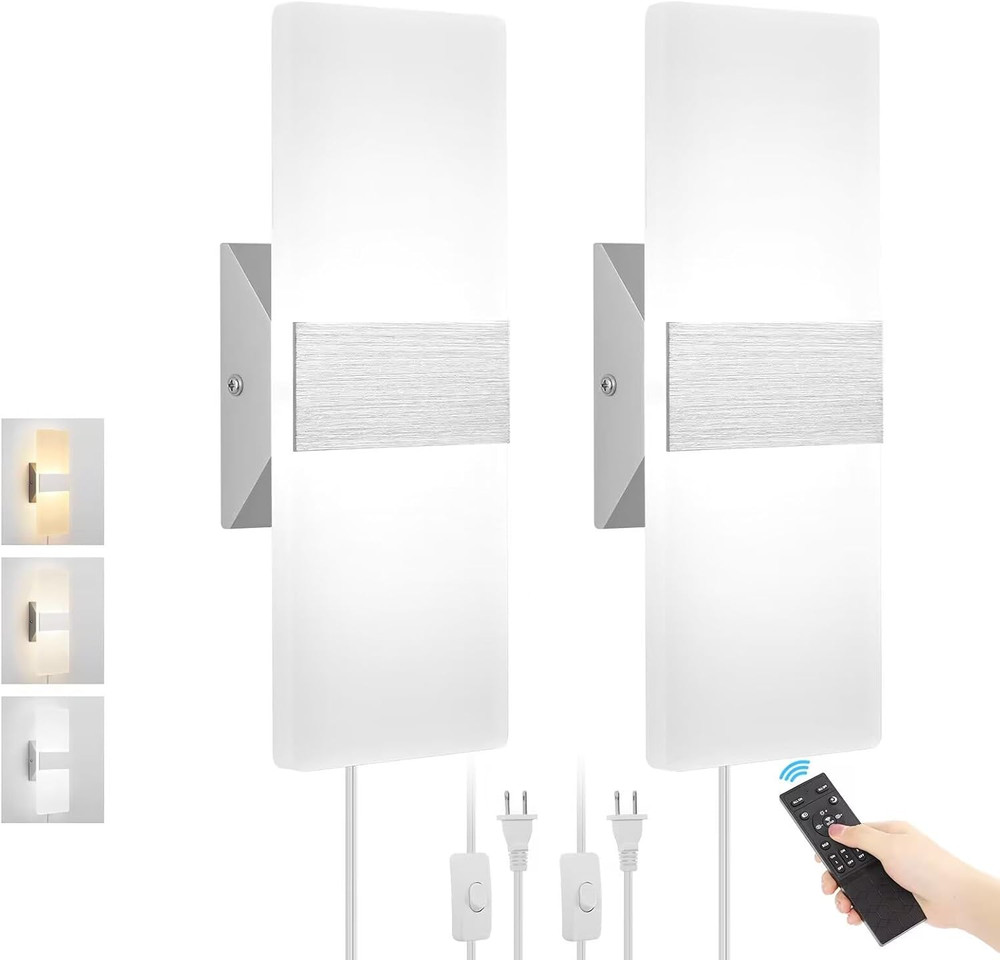 Adjustable LED Wall Sconces with Remote, 3000K-6500K, 12W, 2 Pack