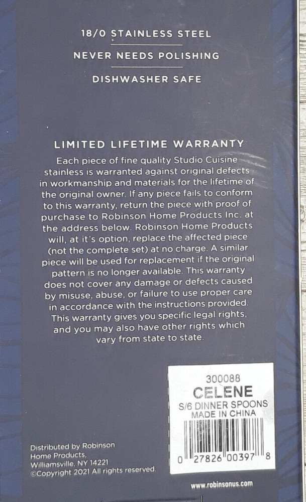 Studio Cuisine 6 Stainless Steel Dinner Spoons - Celene Pattern
