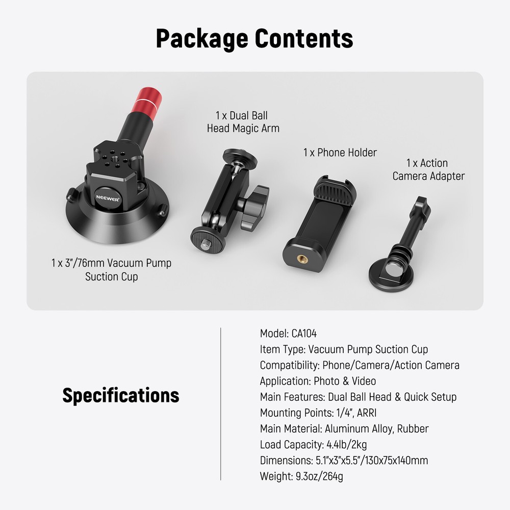 NEEWER 3" Suction Cup Camera Mount Bracket with Ball Head Magic Arm