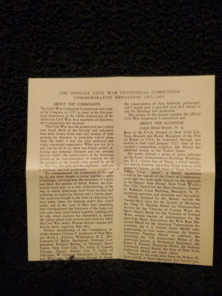 1961-1965 Civil War Centennial Commission Commemorative Medallion w/Document