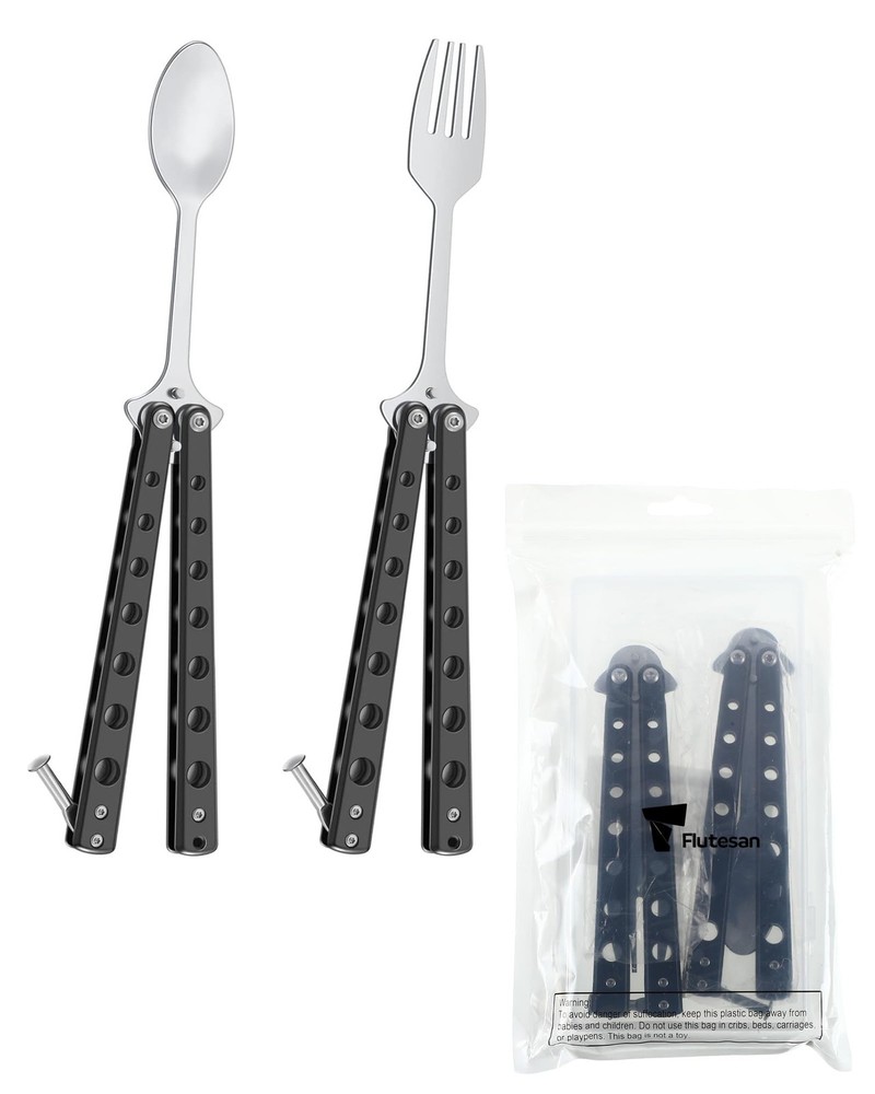2 Pcs Butterfly Fork and Spoon Set, Tactical Folding Black
