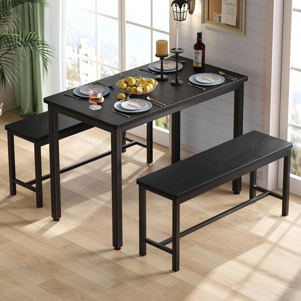 Tatub Dining Table Set for 4, 3-Piece Kitchen Table with 2 Benches, Space-Saving