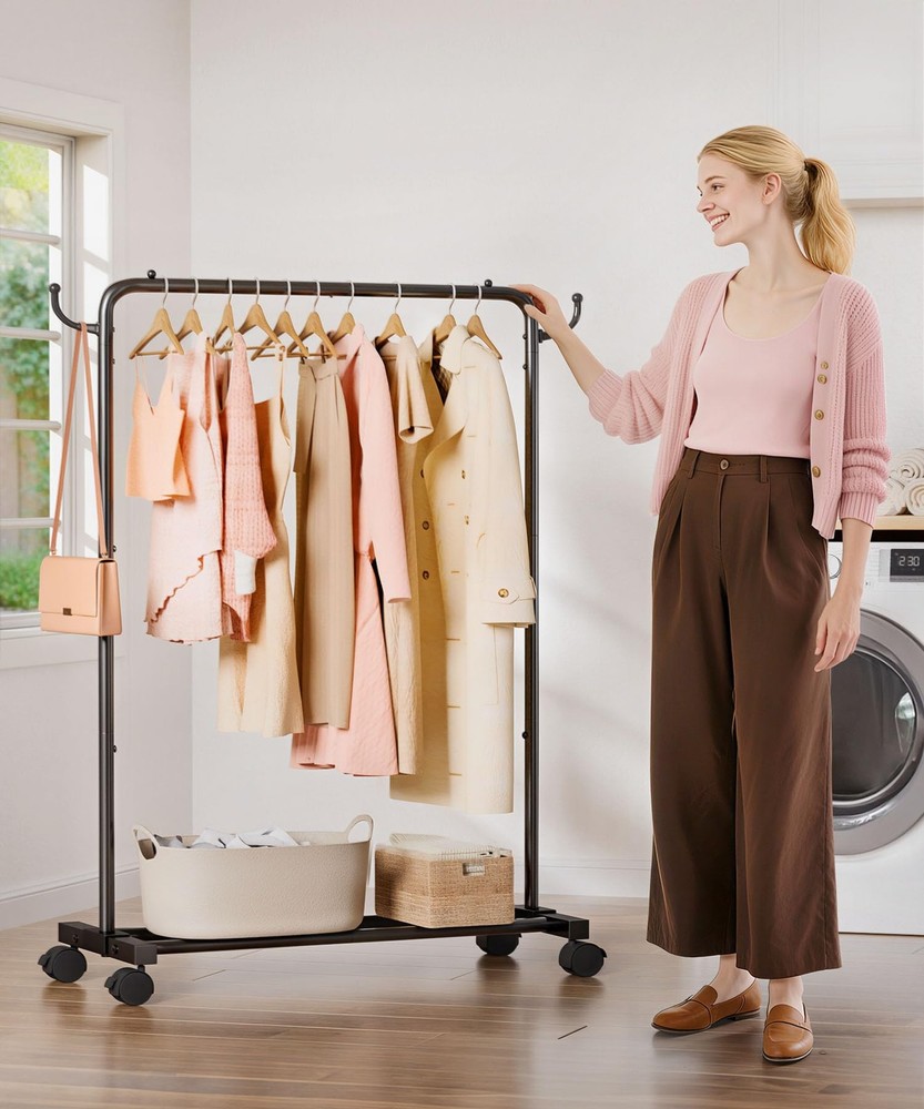 Rolling Clothes Rack with Hooks: Standing Garment Storage for Indoor - Hangin...
