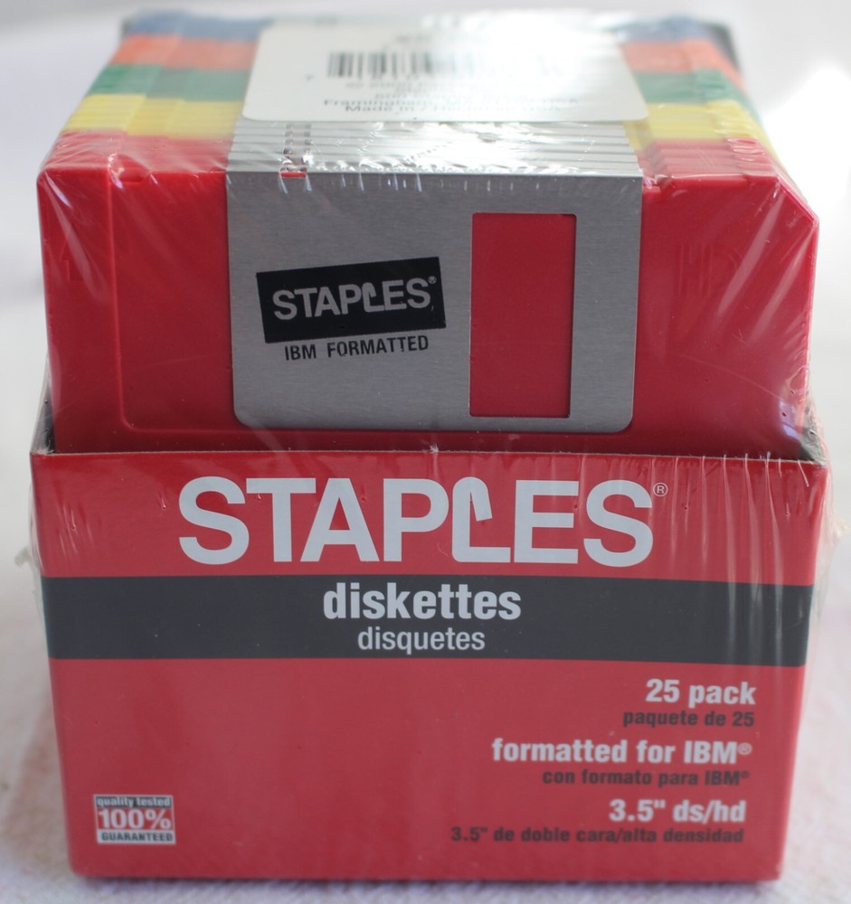 Staples 3.5" Floppy Disks Diskettes 25 Pack Multi-Colored Pack Formatted for IBM