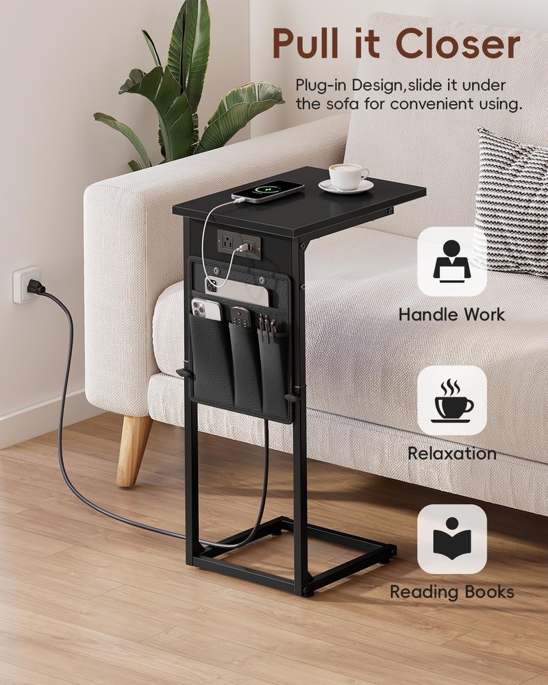 C Shaped End Table with Charging Station Adjustable Height Side Table for Sofa