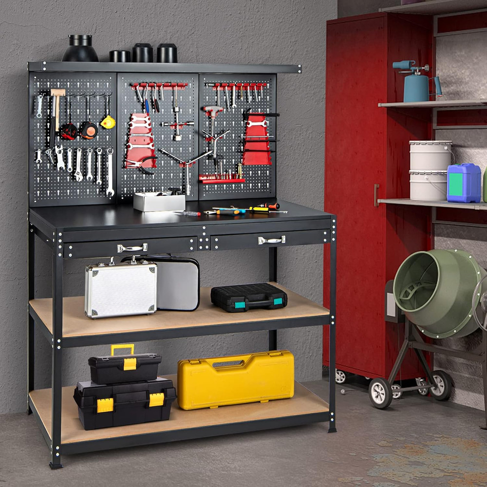 Work Bench with Storage, 48" X 24" Work Table with Pegboard, 2 Drawers, Hanging