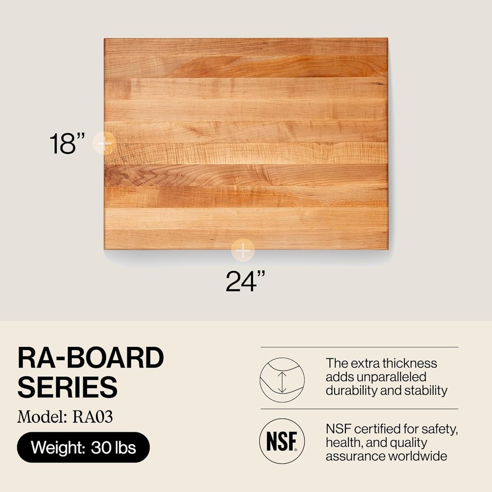 RA-Board Series Rectangular Wooden Maple Cutting Board 24”x18” – 2.25” Thick