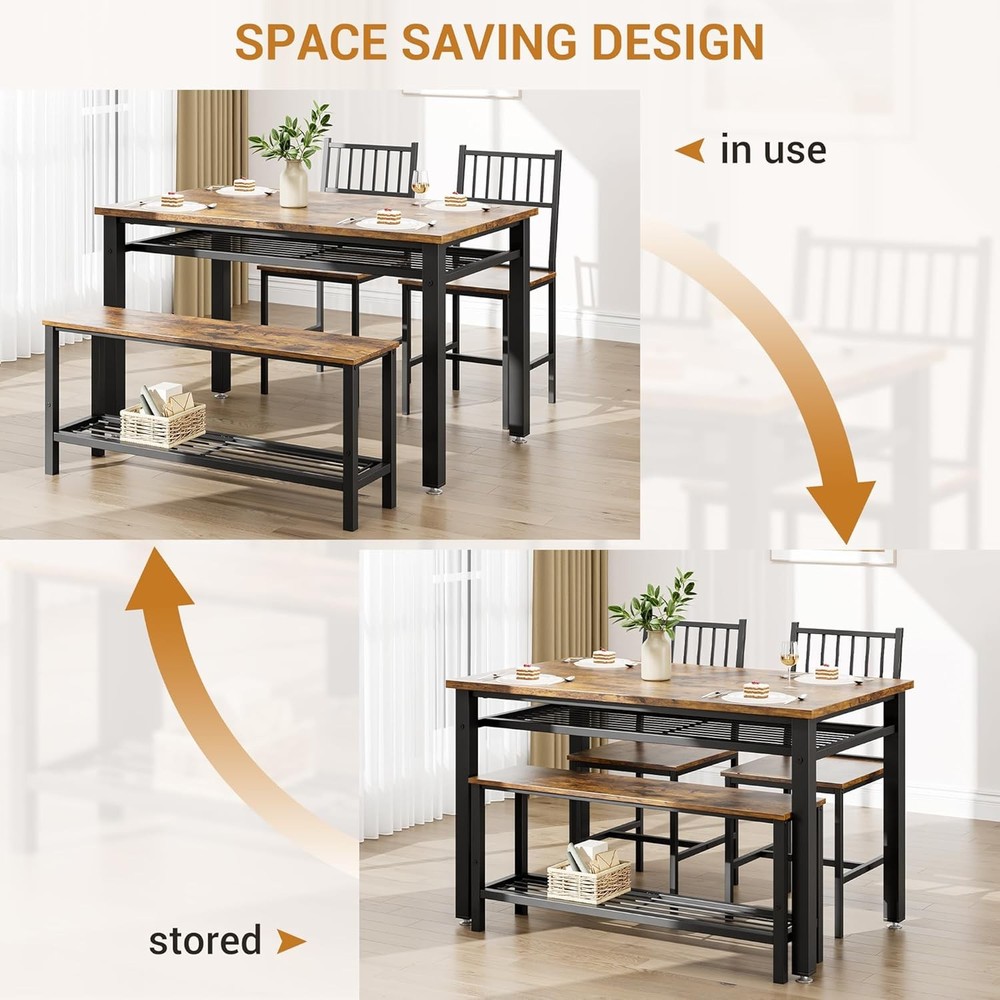 Modern 4-Piece Farmhouse Dining Set - Table, 2 Chairs, Bench & Storage Rack