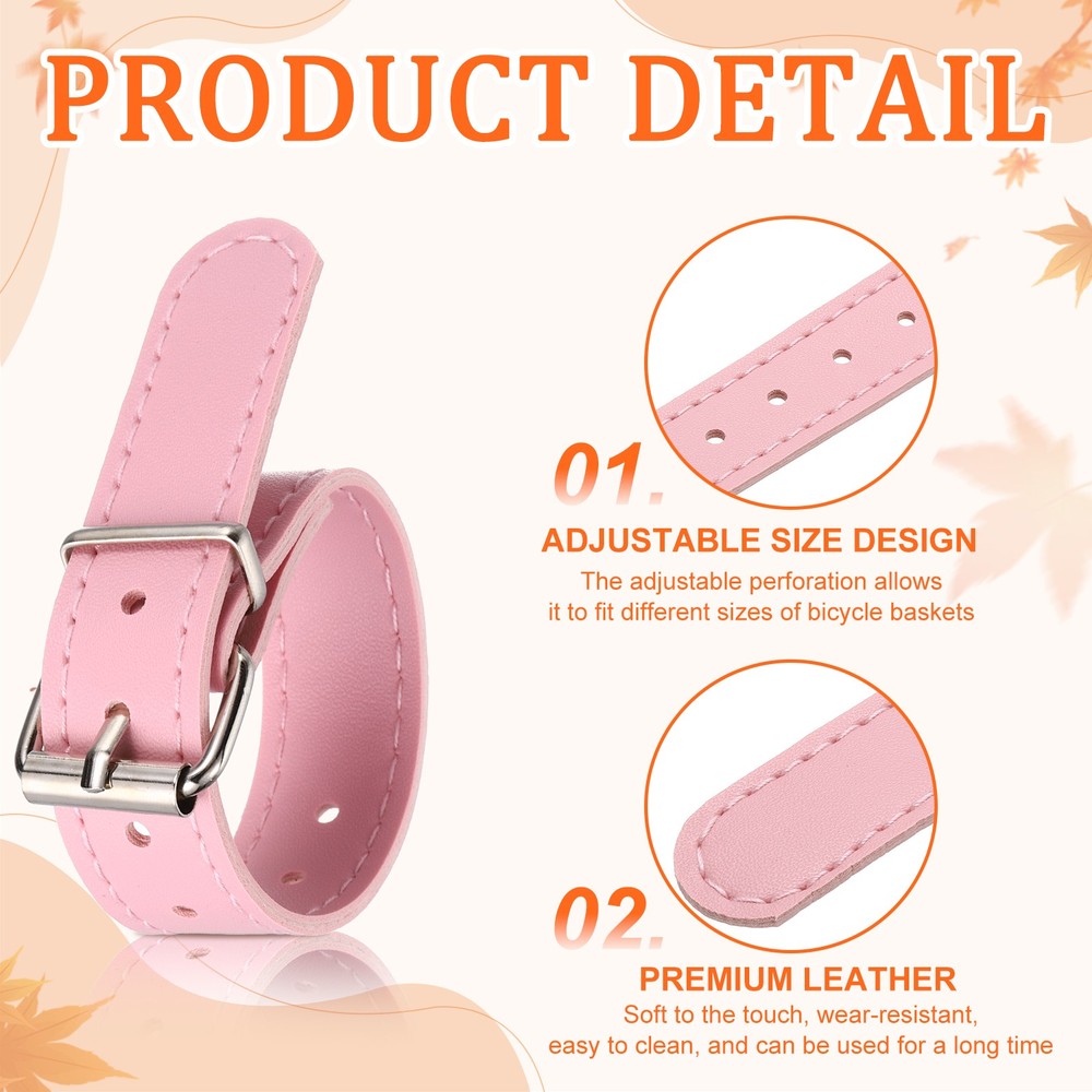 2 Pcs Adjustable Leather Bicycle Basket Strap, Pink