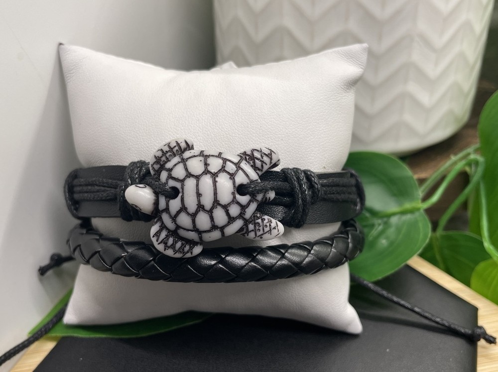 2 PC Leather Bracelet Stackable Adjustable Tie Free Ship Turtle B5191