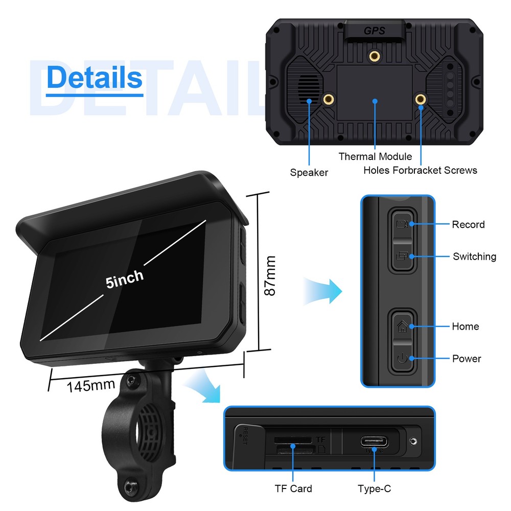 Motorcycle 5" CarPlay Android Auto GPS Navigation System Waterproof Touch Screen