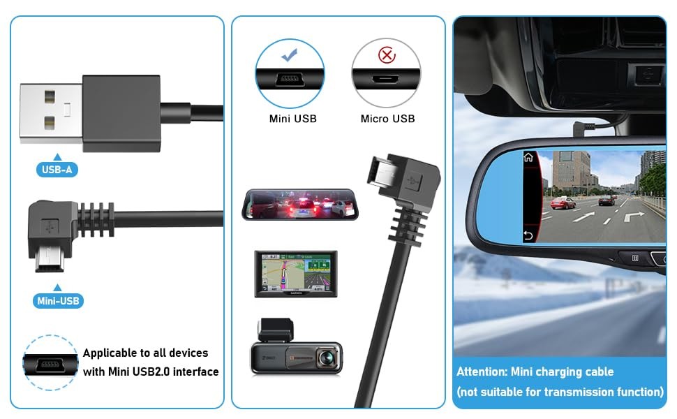 Dash Cam Charging Power Cable, USB-C Car 300 centimeters, Black