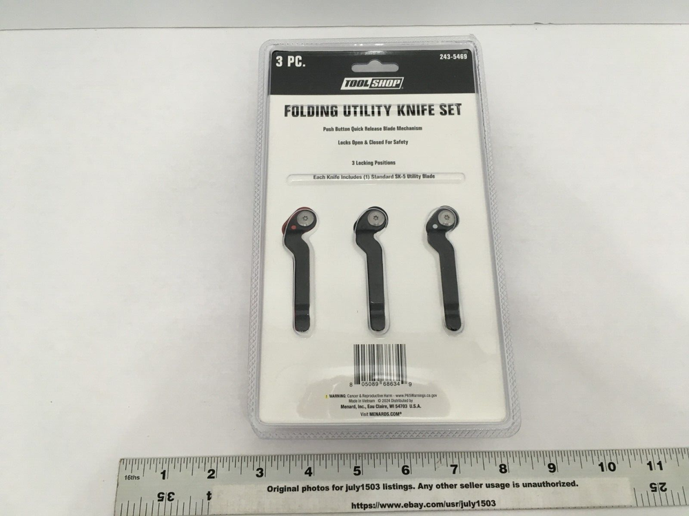 NEW Tool Shop 3-pc Folding Locking Utility Knife - Push Button Quick Release