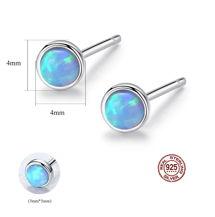 4mm Solid Sterling Silver 925 Round Blue Fire Opal Stud Earrings Gift PE39
