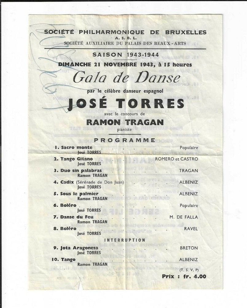 Jose Torres Signed Program 1943 Autographed Ballet Dancer, Director Paris Opera