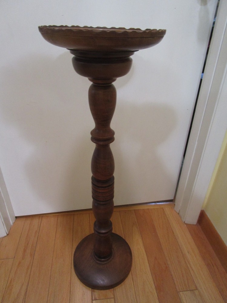 Vintage Handcrafted Solid Walnut Pedestal Stand carved top 32” t signed