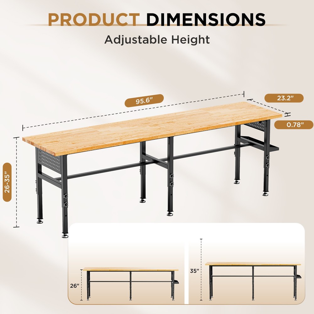 96" Adjustable Workbench with Side Pegboard Adjustable Height Garage Work Table