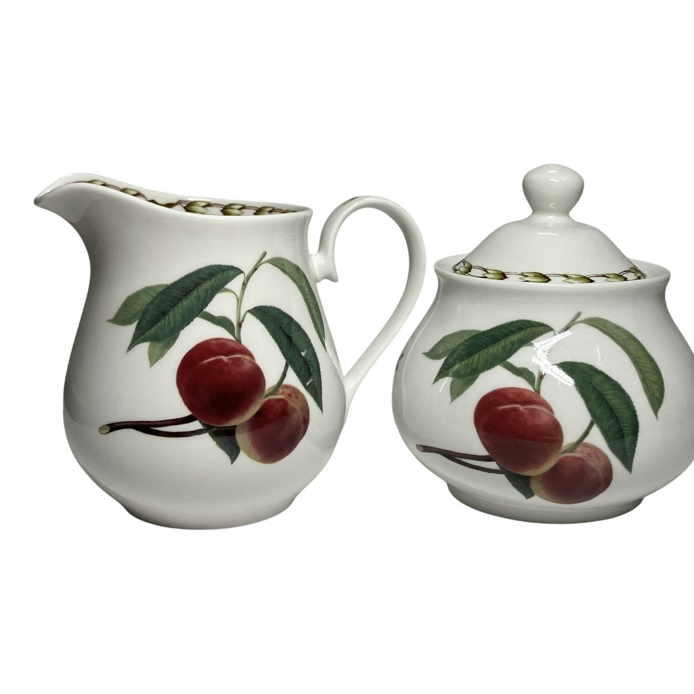 Queens Hookers Fruit Creamer Sugar Set Bone China White Peach Tableware