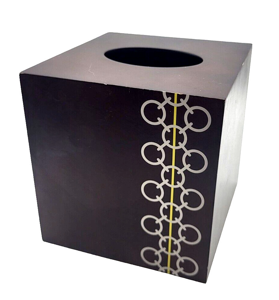 Jaclyn Smith Chain Links Wood Tissue Box Cover Brown Silver 5.5" Cube