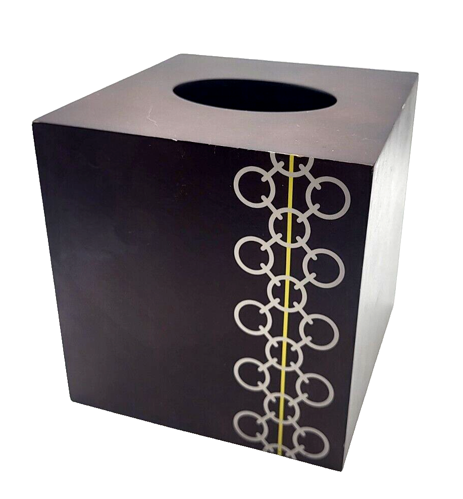 Jaclyn Smith Chain Links Wood Tissue Box Cover Brown Silver 5.5" Cube