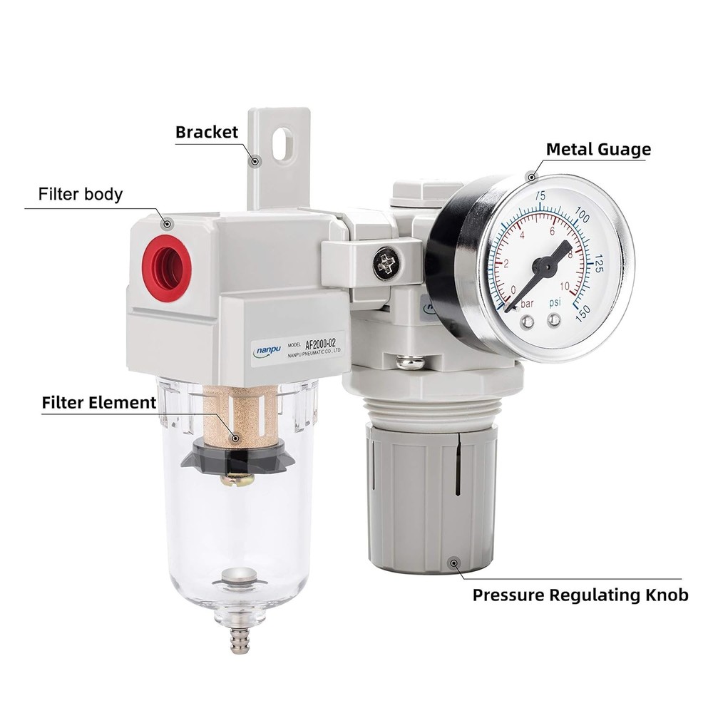 Air Filter Regulator Combo with Polycarbonate Bowl and Semi-Automatic Drain