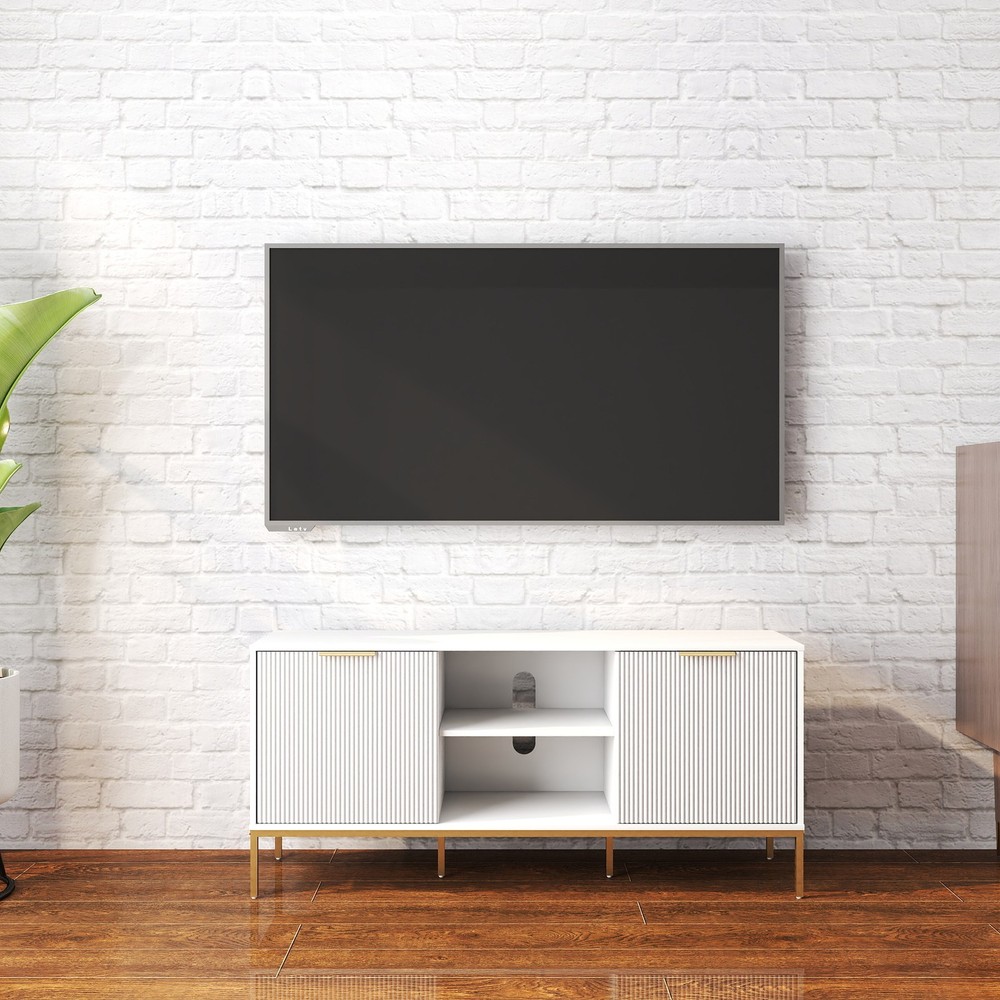Modern TV Stand with Wave-Design Doors, Open Shelf & Adjustable
