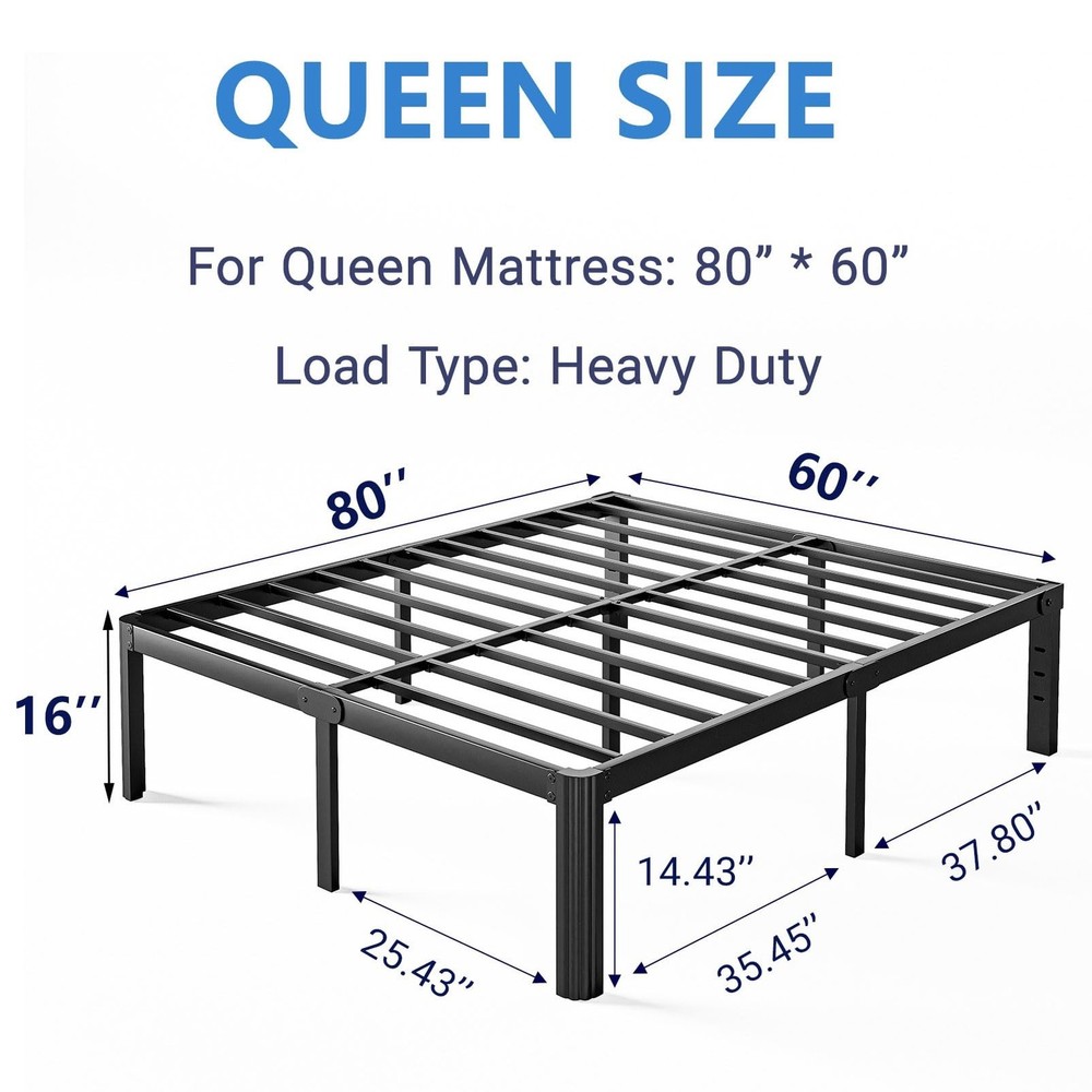 16 Inch High Platform Queen Bed Frame No Box Spring Needed, Metal Bed Frame Q...