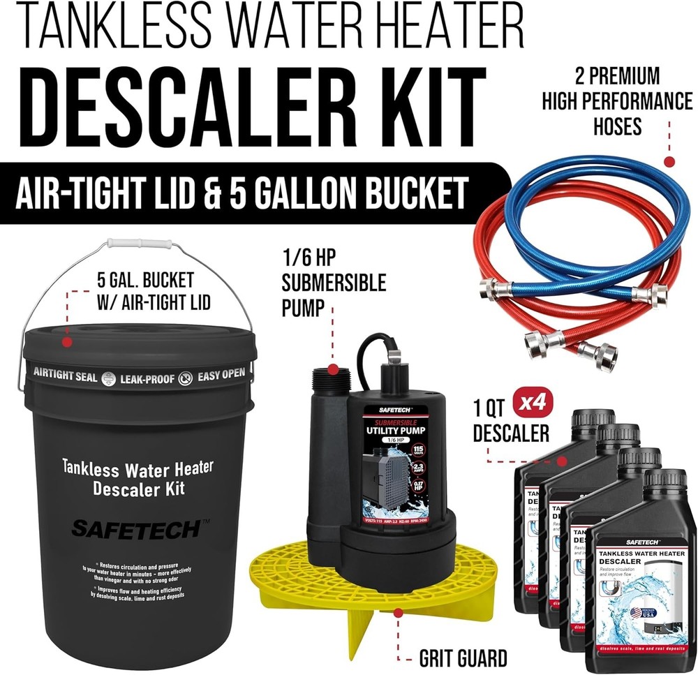 Safetech Tankless Water Heater Flushing Kit with 4 Quarts Descaler